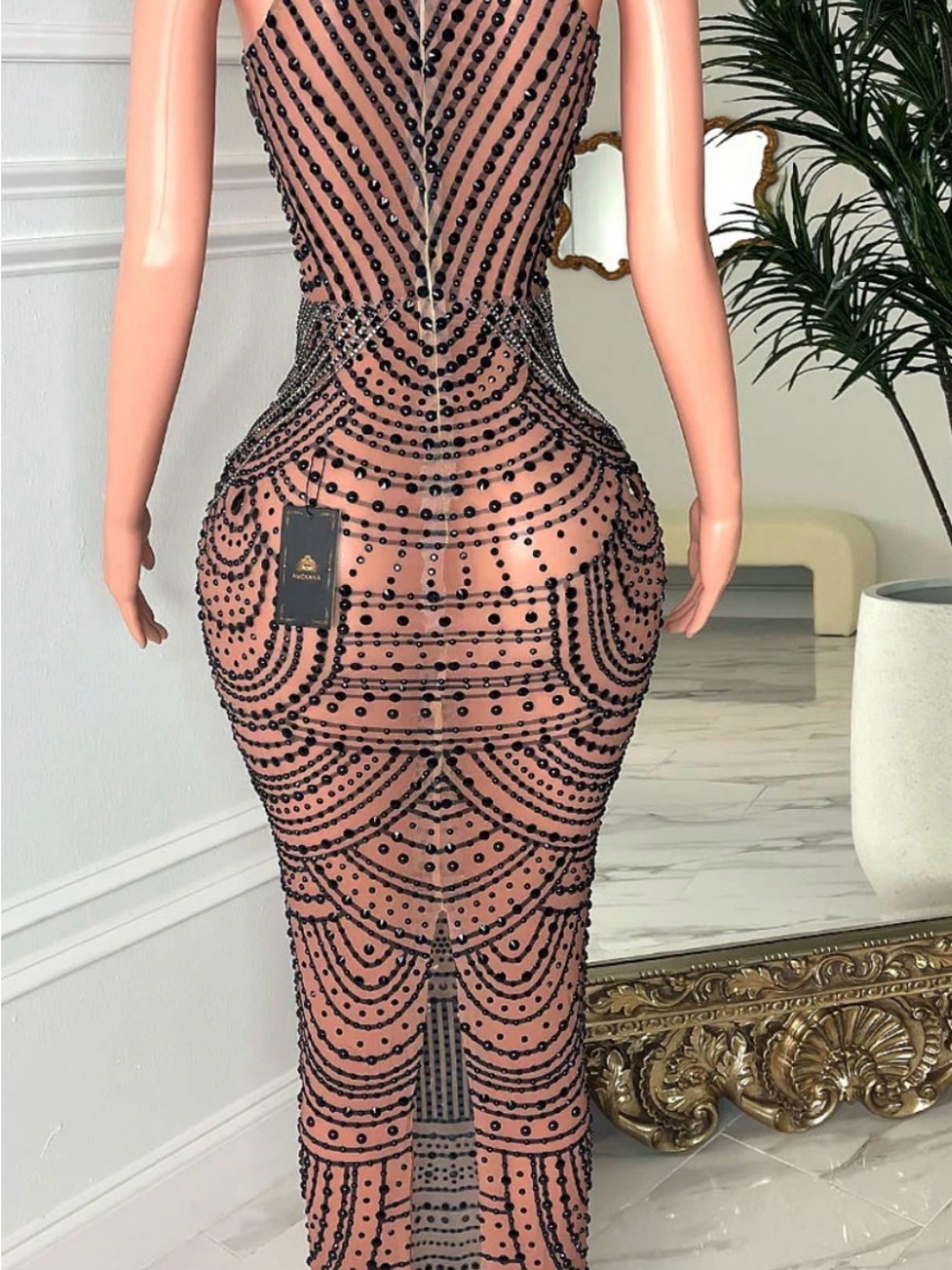 Beaded Sheer Nude Pink Evening Dress with Black Embellishment